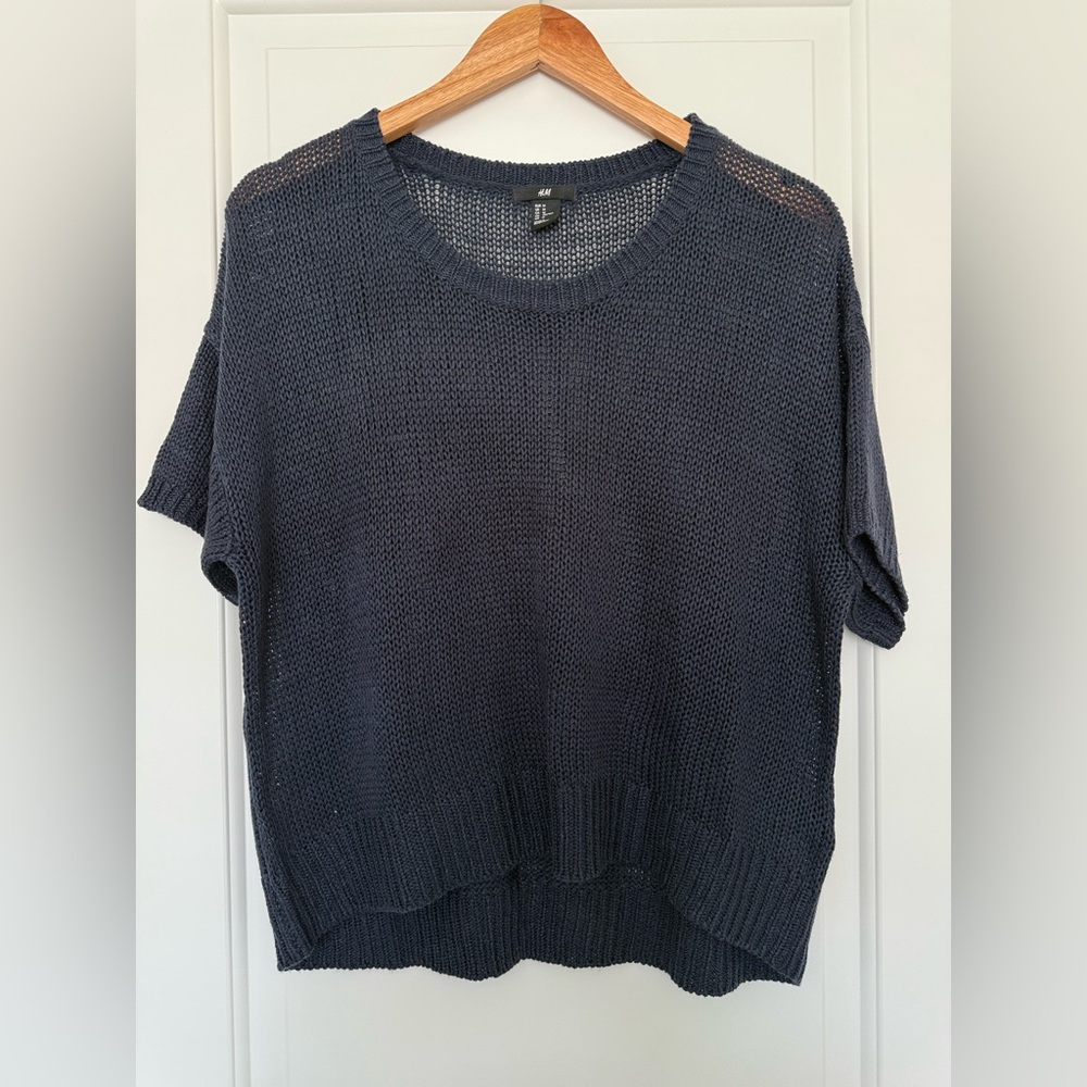 H&M Navy Blue Knitted Short Sleeve Jumper Sweater Top Casual Loose Fit Size M